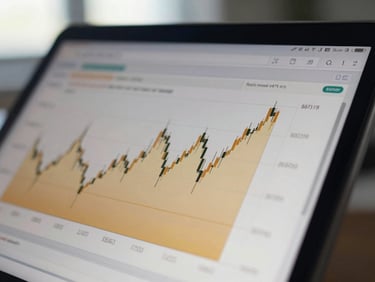 Macro detail of a sleek modern device screen displaying clean financial charts, warm golden highlights and deep navy shadows