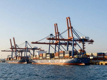 Wide-angle crisp industrial photography of modern shipping port at cool morning light, container cranes towering over cargo vessels, deep blue water, sharp focus, 35mm lens.