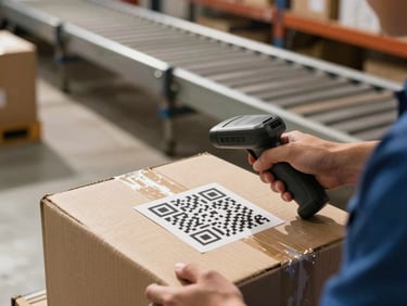 Tight close-up of a warehouse worker's hands scanning a QR code on a parcel with a handheld scanner, warm daylight spilling across a concrete floor, motion-blurred conveyor in background
