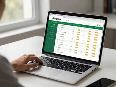 Person at a clean desk reviewing a logistics tracking dashboard on a laptop screen, natural window light from the left, screen showing shipment status rows with green and amber indicators