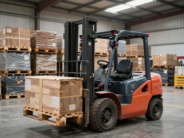 Medium environmental shot of a warehouse floor with pallets being moved by a forklift, natural daylight through skylights, freight in organized rows showing operational scale