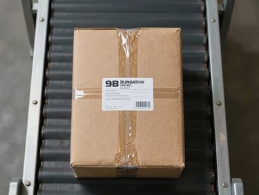 Overhead flat-lay of a single sealed parcel on a warehouse sorting belt under clean daylight, label visible, minimal background
