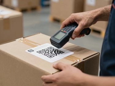 Close-up of a logistics worker scanning a QR code on a box with a handheld device, tight framing on hands and label, clean warehouse background slightly defocused, natural ambient light