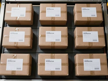 Overhead flat-lay of several parcels on a warehouse sorting belt under natural daylight, each package labelled, shot from directly above showing scale and order