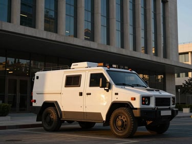 A low-profile armored secure transport vehicle parked outside a modern corporate headquarters in Baghdad at golden hour, dramatic cinematic lighting, deep shadows with gold accents, sharp focus, 35mm
