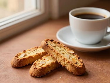 Handful of saffron almond biscotti next to a cup of coffee, warm light, textured background, shallow depth of field