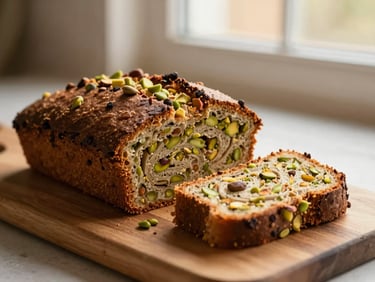 Slice of cardamom pistachio loaf on a wooden board, soft morning light, rustic plating, shallow depth of field