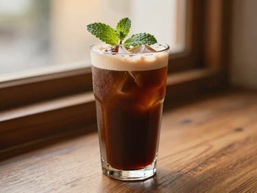 Tall glass of iced coffee with a delicate foam, condensation on the glass, fresh mint garnish, soft light, cool tones contrasting with warm cafe background.