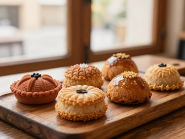 Assortment of artisanal Indian-inspired pastries and baked goods on a rustic wooden board, soft focus, warm lighting, cozy cafe setting.