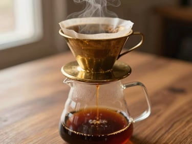 Close-up of a pour-over coffee setup, brass filter, rich dark coffee pouring into a glass server, steam rising, warm wood background, soft light, artisanal feel.