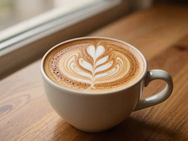 Artisanal rose cardamom latte with intricate latte art, soft side lighting, textured ceramic mug on a wooden table, warm tones