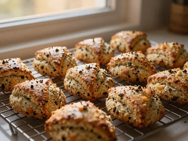 Freshly baked savory herb scones on a cooling rack, warm kitchen light, rustic charm, shallow depth of field