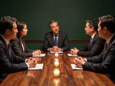 Executive leaders engaged in a candid discussion around a polished mahogany table in a private room, low-key ambient light, warm editorial photography, focus on body language, no direct eye contact