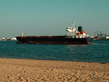 A large cargo vessel navigating through a calm sea at sunrise, industrial port in the background, high contrast, deep emerald and sand tones, documentary corporate photography, 35mm.