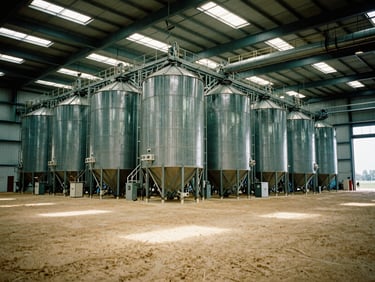 Interior of a vast, modern agricultural storage facility, towering silos, grain conveyors, high-contrast lighting from skylights, deep sand and emerald tones, documentary corporate photography, 35mm.