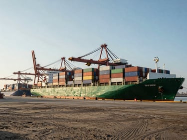 Panoramic view of a bustling shipping port at dawn, cargo containers stacked high, large vessel docked, harsh natural sunlight, deep sand and emerald tones, high contrast, 35mm