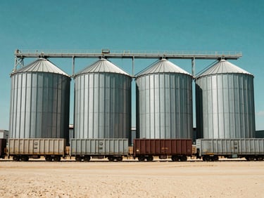 Wide shot of modern grain silos under harsh natural sunlight, with a cargo train loading in the foreground, deep sand and emerald tones, high contrast, 35mm