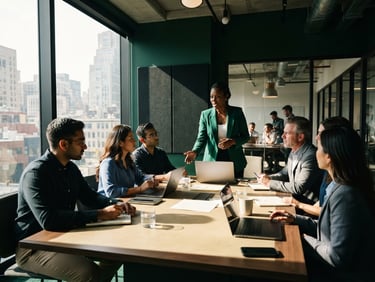 Professional boardroom consultation, diverse team, high-contrast lighting, modern corporate setting, deep emerald and sand tones, wide-angle lens, documentary corporate photography.