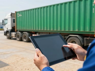 Close-up of a professional hand holding a digital tablet, overseeing a container loading operation onto a truck at a logistics hub, natural sunlight, deep sand and emerald tones, high contrast, 35mm