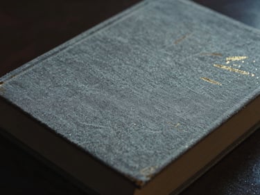 close-up of linen-bound book cover, frost texture, subtle gold accents, low-key light, atmospheric cinematic photography, deep shadows, moody desaturated tones, 35mm film