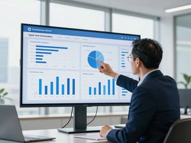 Modern editorial office photography, bright natural daylight, clean corporate blue and white tones, sharp focus, 35mm, a senior strategist analyzing real-time conversion charts on a large screen