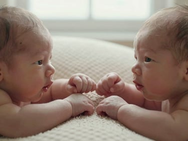 Close-up of two newborn babies lying head-to-head on a textured cream blanket, their small hands nearly touching at the center, soft diffused window light from above, no adults visible — only the detail of the two infants in the same frame