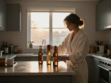 Wide shot inside a dimly lit kitchen at dawn, a woman in a bathrobe standing at the counter preparing two bottles simultaneously, golden early light from the window behind her, the exhaustion and focus of the task visible in her posture, no posed smile