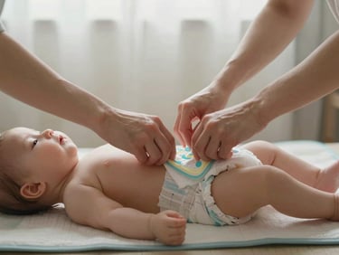 Close environmental shot of a woman's hands changing a diaper on one of two infants laid side by side on a changing mat, natural afternoon light through a curtain, the second baby's feet visible at the edge of the frame, no faces shown — hands and the ordinary task are the subject