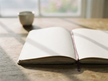 A solitary notebook open on a clean wooden desk, soft morning shadows casting long lines, minimalist editorial photography, 35mm