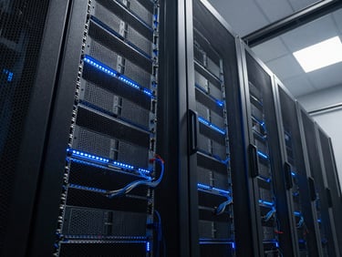 Wide shot of a server rack in a dark data centre, cool blue LED strips along the rack edges, cables neatly routed, no people, cinematic low-angle framing