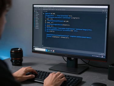 Dark terminal window showing OpenAI API response JSON on a monitor, blue syntax highlighting, hands on keyboard, cool strobe light from the left, graphite desk