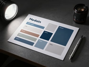 Overhead shot of a clean desk with a brand moodboard printed on matte paper, silver pen resting to the side, cool studio strobe light, dark background