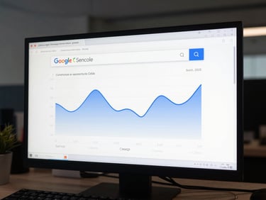 Dark monitor showing Google Search Console performance graphs, blue and white data lines, keyboard in foreground, cool north-facing office light, no faces