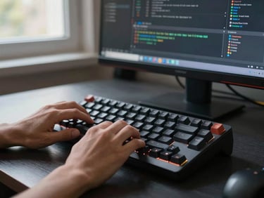 Hands on a mechanical keyboard in a dark workspace, a browser devtools panel open on the monitor behind, cool daylight from a north-facing window, no face visible