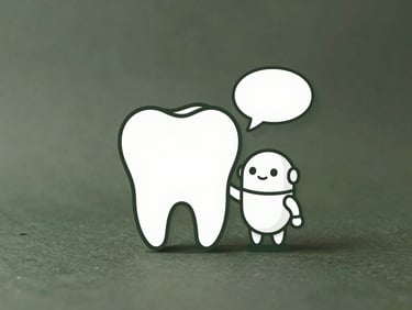 Stylized SVG illustration of a clean white tooth glyph beside a friendly robotic avatar with a speech bubble, set against a dark olive green background, centered composition with generous padding, minimal line art style, no text