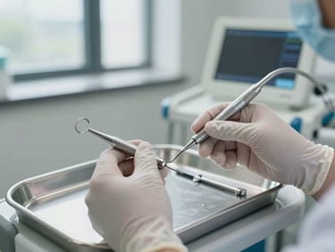 Close-up of a dentist's gloved hands adjusting a dental instrument over a modern clinical tray, bright daylight from a north-facing window, clean operatory background with digital screen visible, shallow depth of field, no faces visible