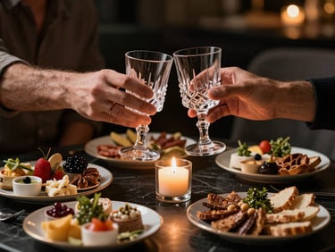 A close-up of hands clinking crystal glasses over an elegant dark marble table filled with small, artfully arranged meze plates, warm candlelight, cinematic low-key lighting