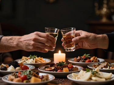 Hands gently clinking traditional rakı glasses over a table filled with artisanal mezes, warm candlelight, high contrast, moody dark background.
