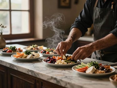 An atmospheric, cinematic portrait of an artisan's hands arranging fresh meze plates on a rustic marble counter, warm side lighting from a window, steam rising gently, elegant and mysterious mood.