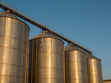 Golden-hour grain silos standing tall against a deep blue sky, warm natural sunlight, rich amber tones