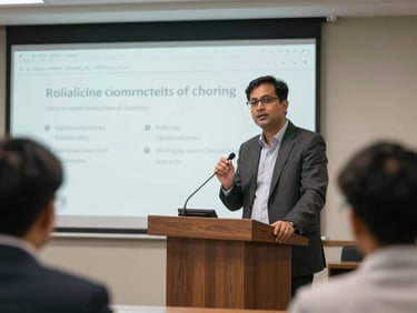 An instructor at a podium guiding a corporate communication workshop in Kolkata, professional office lighting, medium shot.