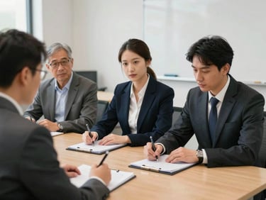 An active mock interview session with three corporate evaluators taking notes, bright indoor lighting, professional classroom setting.