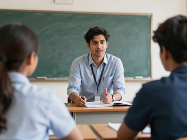 An active mock interview session in a bright Kolkata classroom, a professional trainer providing real-time verbal feedback to a candidate, clean daylight framing.