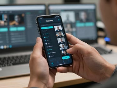 Hands holding a smartphone displaying a dark-themed security dashboard with live access log entries and camera thumbnails, cyan accent elements on interface, blurred control room background