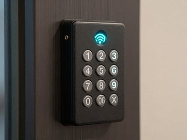 Close-up of an access control keypad reader with RFID indicator light active in cyan, mounted on a dark brushed-metal door frame, shallow depth of field