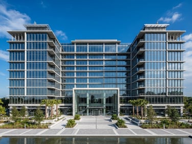 Symmetrical architectural elevation of a modern glass and concrete office building in Clearwater, bright crisp daylight, sharp shadows, deep blue sky