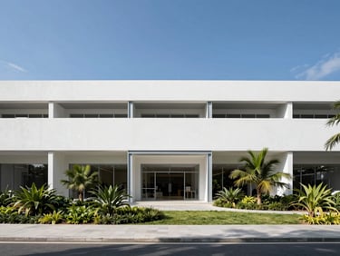 Minimalist architectural exterior of a contemporary retail center with clean lines, steel framing, and manicured tropical landscaping