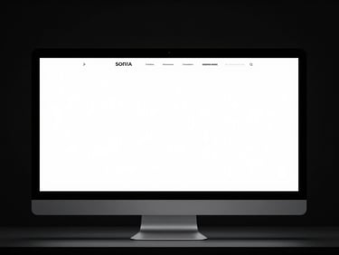 High-contrast shot of a sleek, minimalist website design on a modern monitor, generous negative space, reflecting studio light.