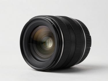 Clean studio portrait of a camera lens focusing on a product, sharp lighting, minimalist background, 50mm lens perspective.