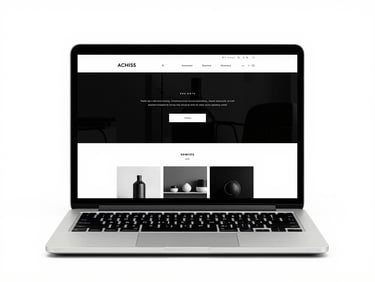 Modern workspace environment, clean centered composition of a laptop displaying a minimalist website design, stark black and white tones, crisp daylight, 50mm lens